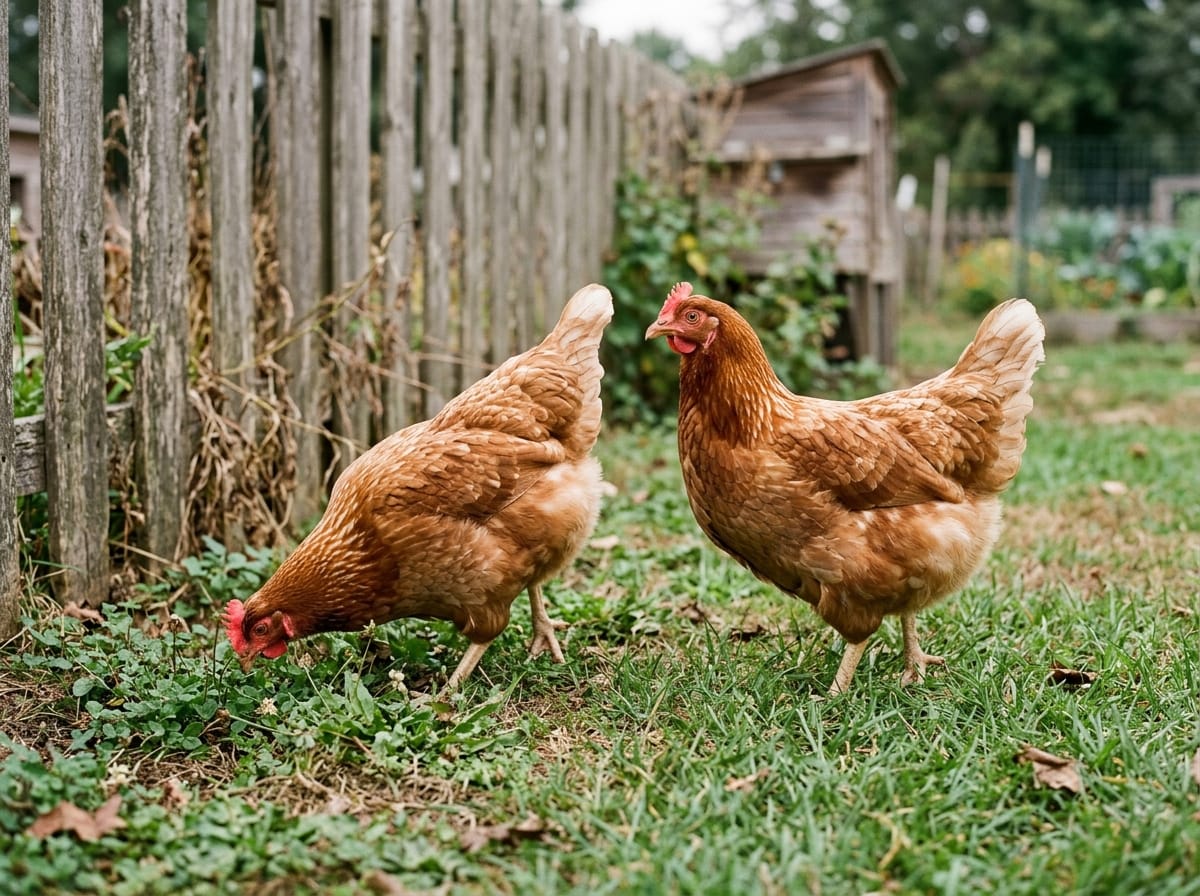 Two isa brown chickens foraging together on grass