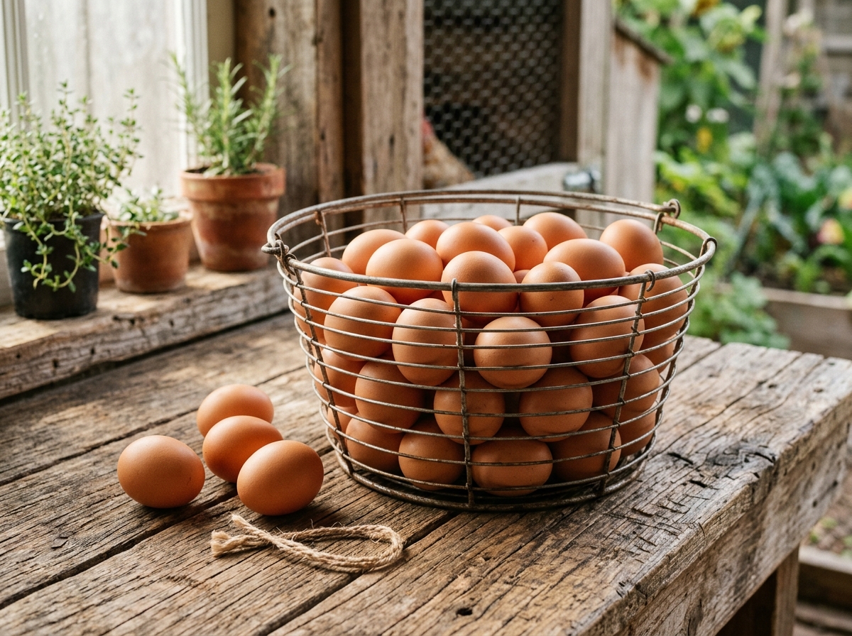 Wire basket full of large brown eggs on a wooden surface