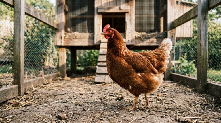 ISA Brown hen standing in a backyard homestead run