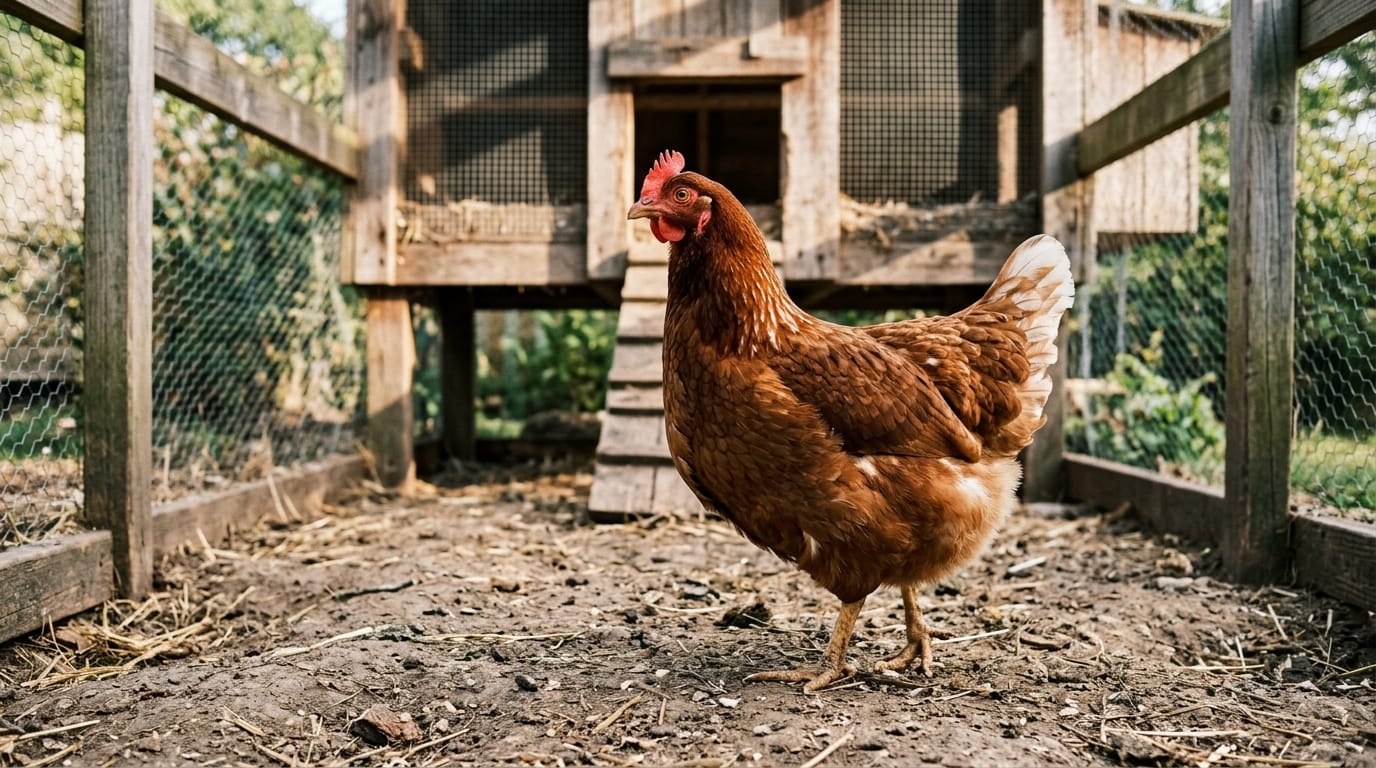 ISA Brown hen standing in a backyard homestead run