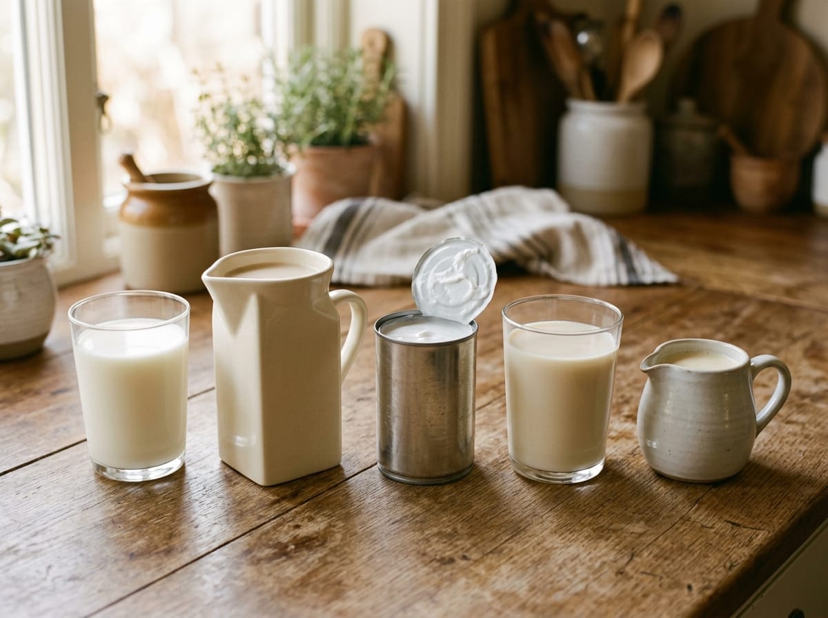 Lineup of dairy milk, almond milk, coconut milk, oat milk, and evaporated milk in plain containers