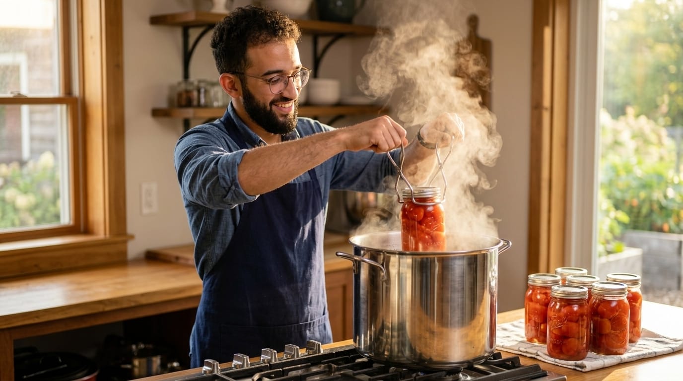 The In Homestead editor lowering a filled jar of tomato sauce into a steaming water bath canner with a jar lifter, sealed jars waiting on a towel beside the stove