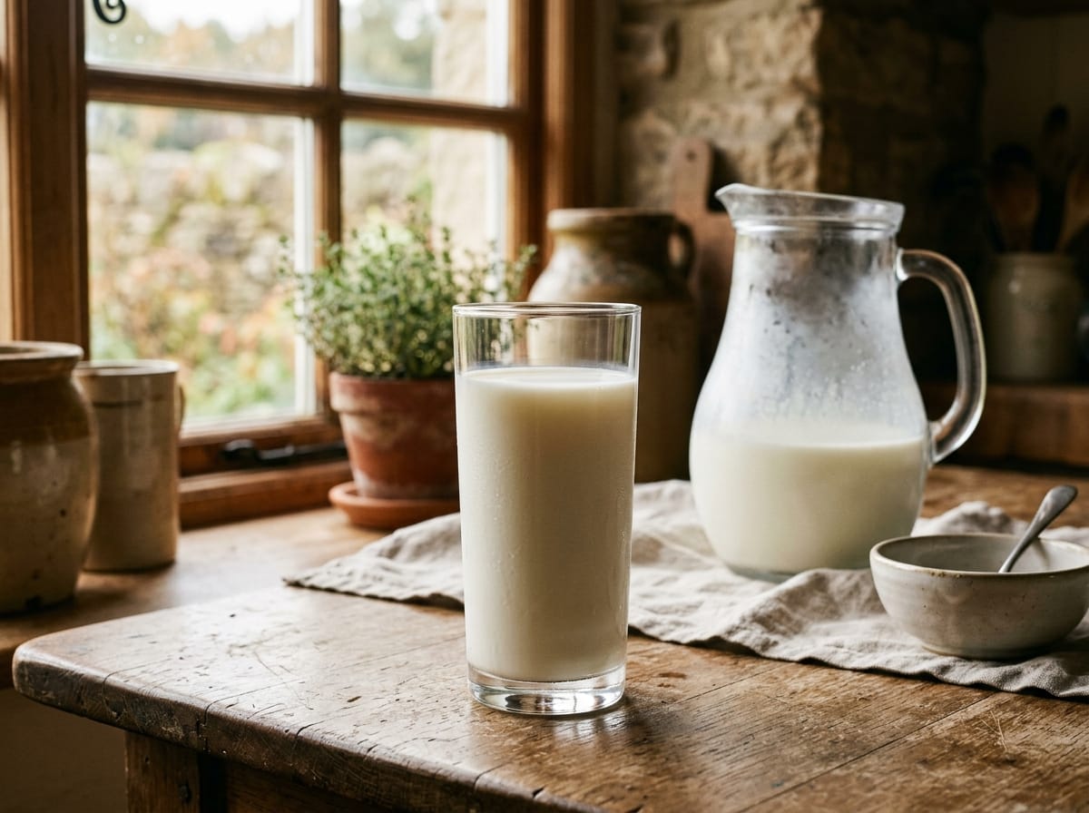 Glass of smooth recombined milk after shaking, jug beside it