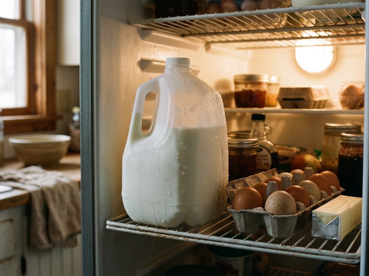 Frozen jug of milk thawing on a refrigerator shelf