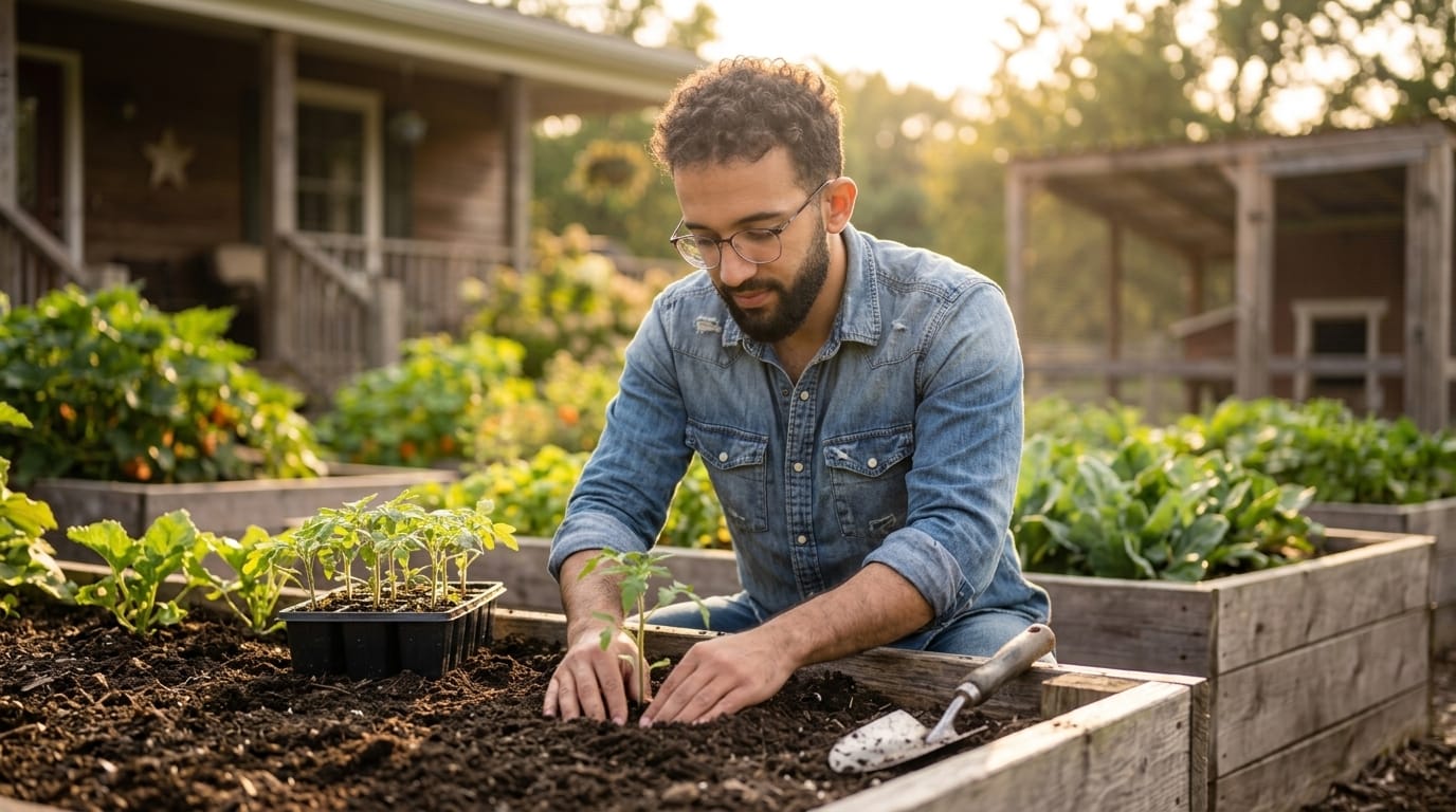 Setting a tomato seedling into a raised bed topped up with finished compost