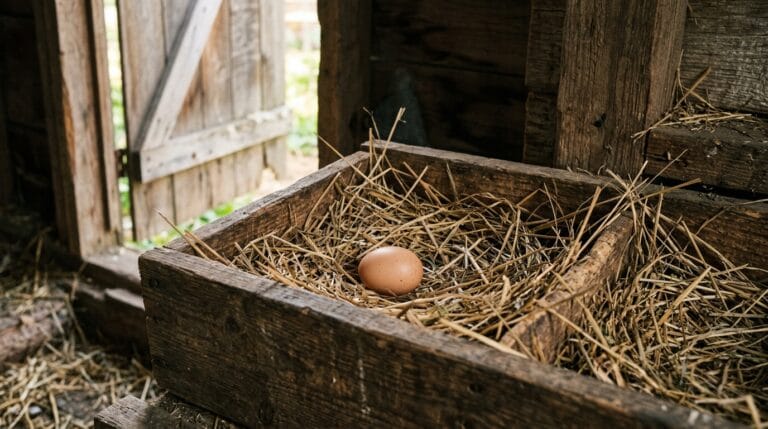 Single small brown first egg resting in a straw-lined wooden nesting box