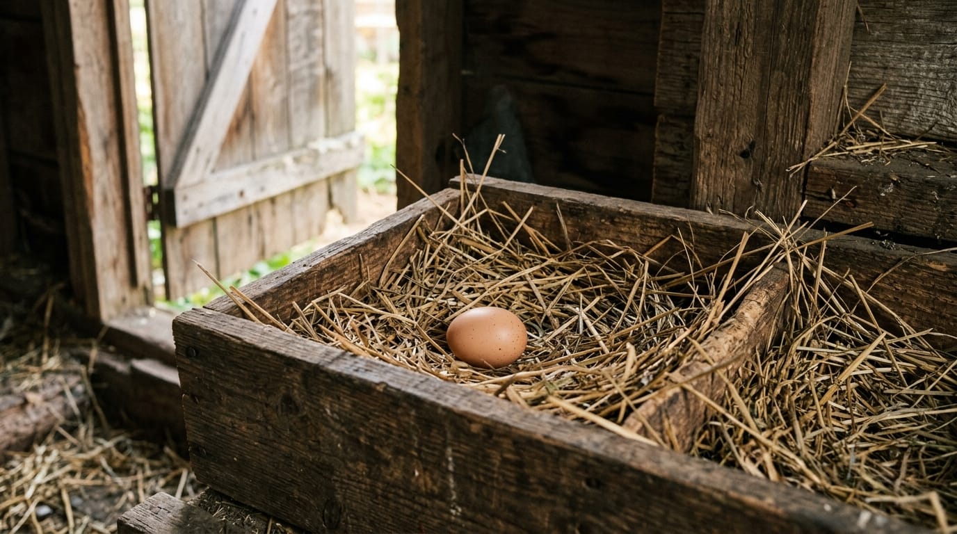 Single small brown first egg resting in a straw-lined wooden nesting box