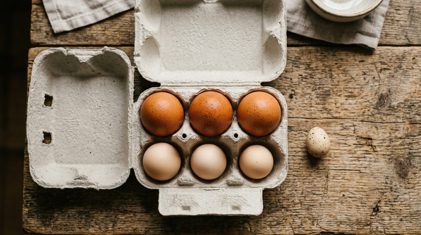 Small pullet eggs next to full-size eggs in an egg carton showing the size difference