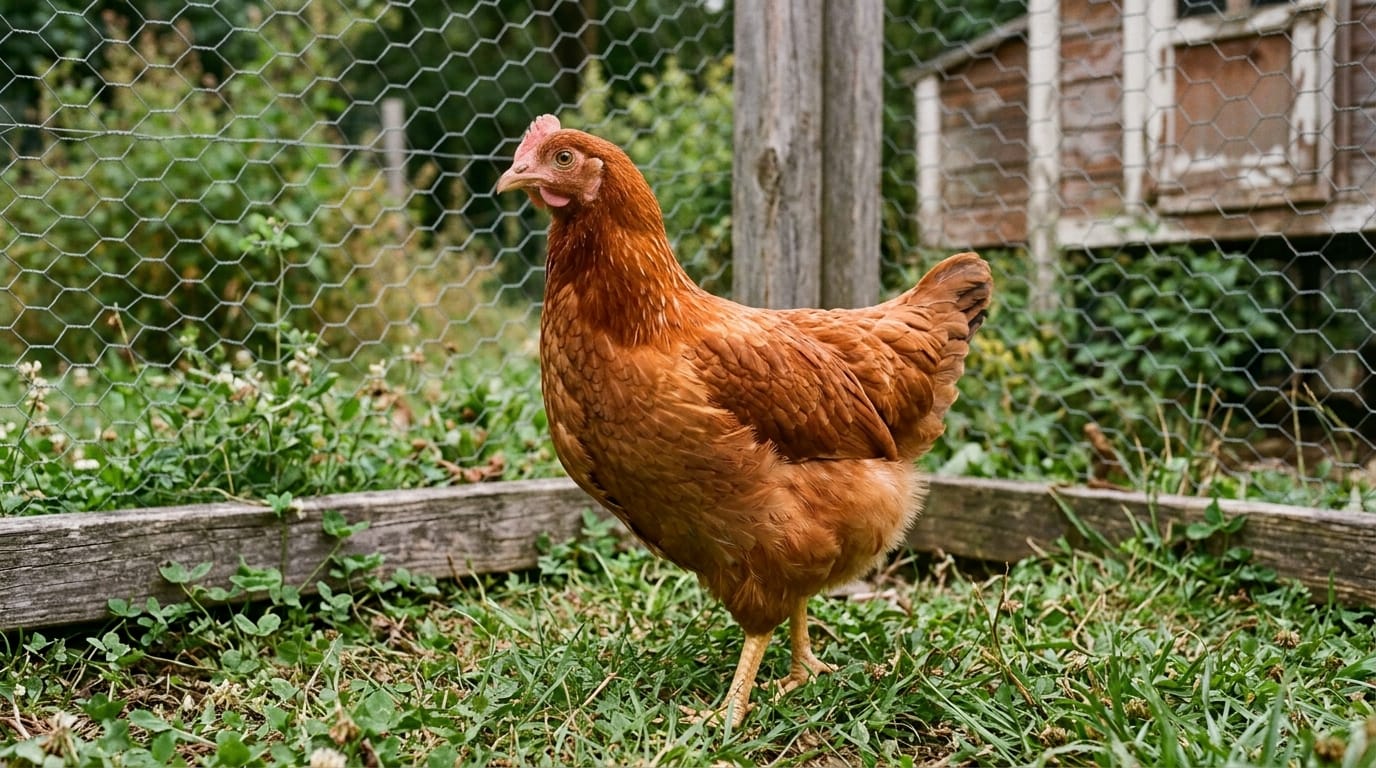 Young pullet with a small pale comb standing in a grassy backyard run, when do chickens start laying eggs