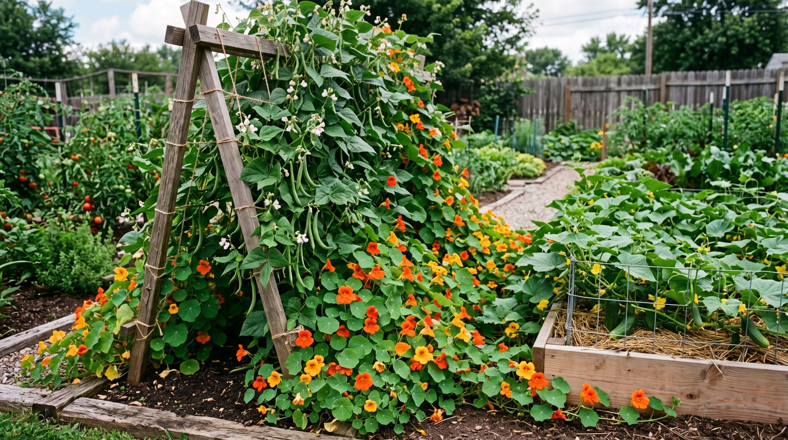 Pole beans and orange nasturtium flowers growing beside a cucumber bed, cucumber companion plants