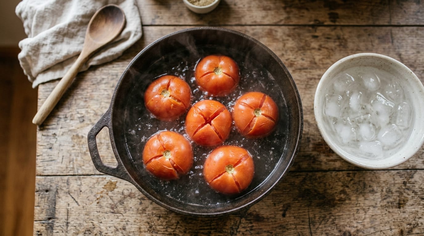 Halved raw tomatoes being packed into a glass canning jar with a funnel