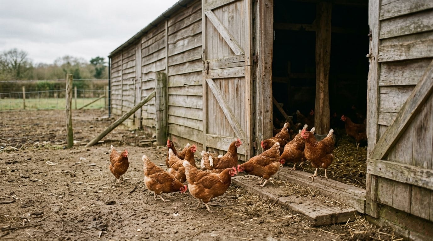 Six backyard hens scratching in a grassy home run beside a small wooden coop
