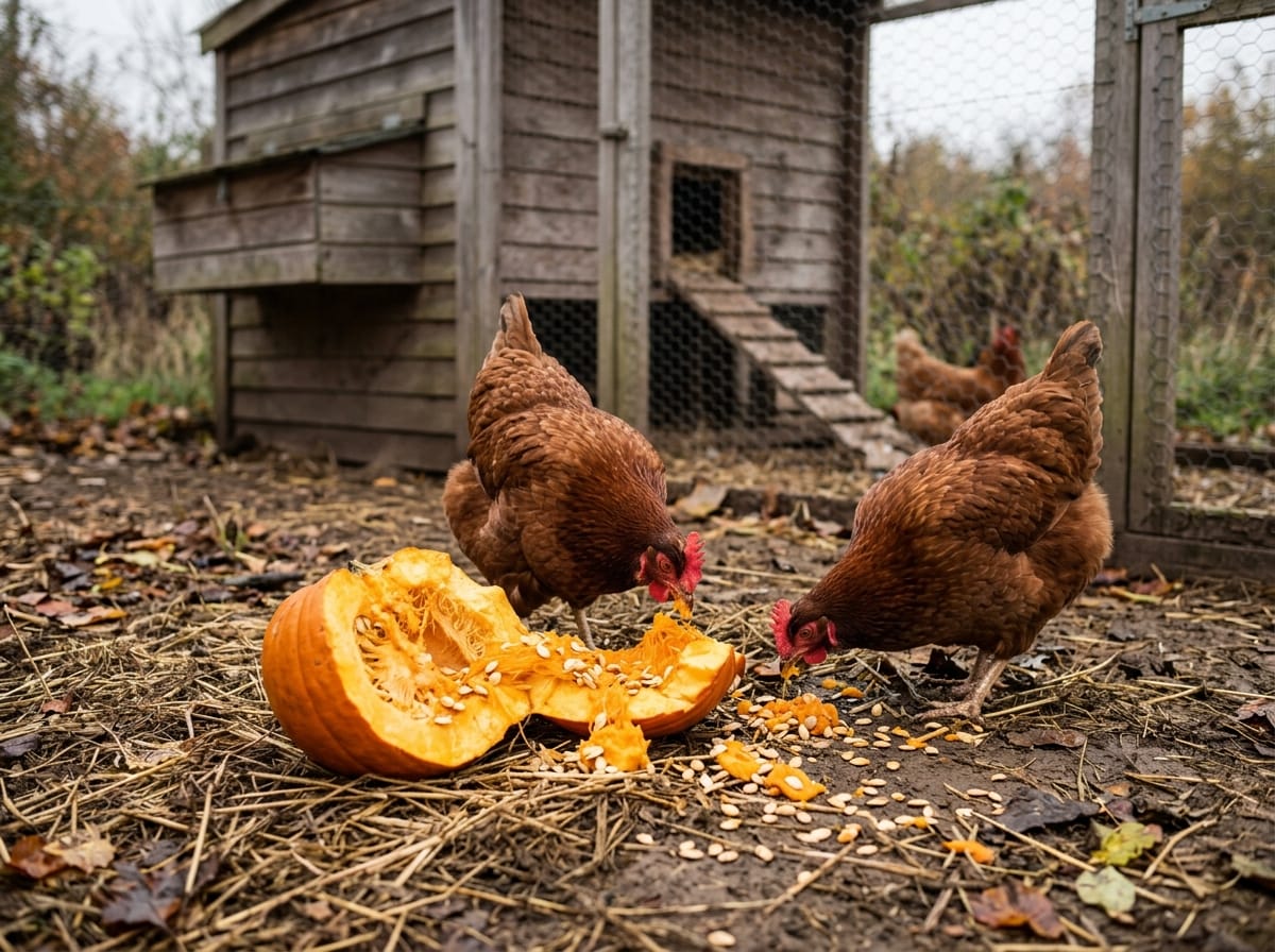 A hen inspecting a broken pumpkin on the ground in a poultry run