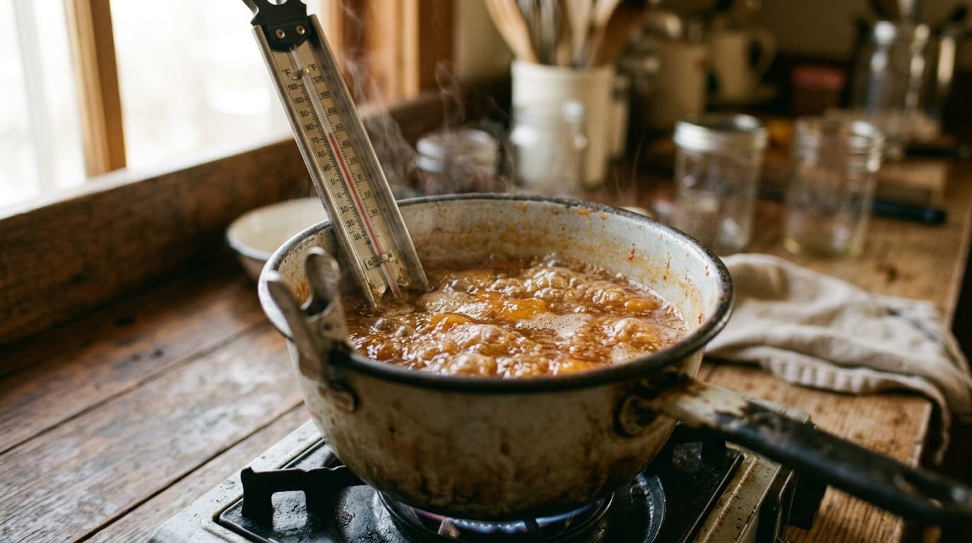 A candy thermometer clipped to a pot of boiling peach jam