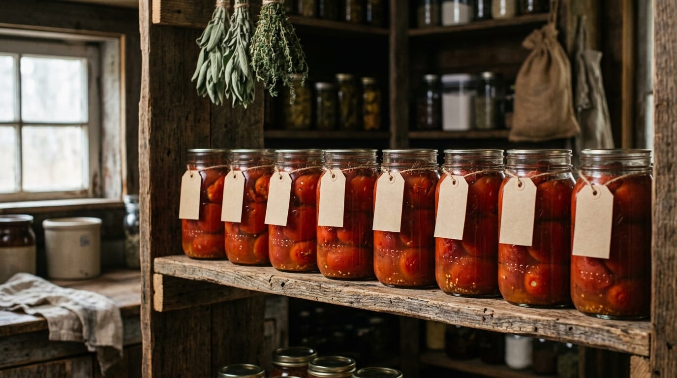 Sealed jars of whole tomatoes labeled with the date on a pantry shelf