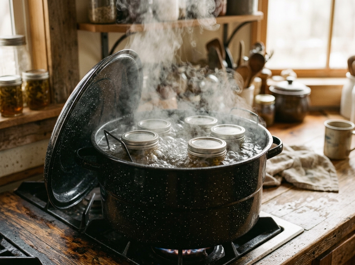 Pint jars of cowboy candy lowered into a boiling water canner on a rack