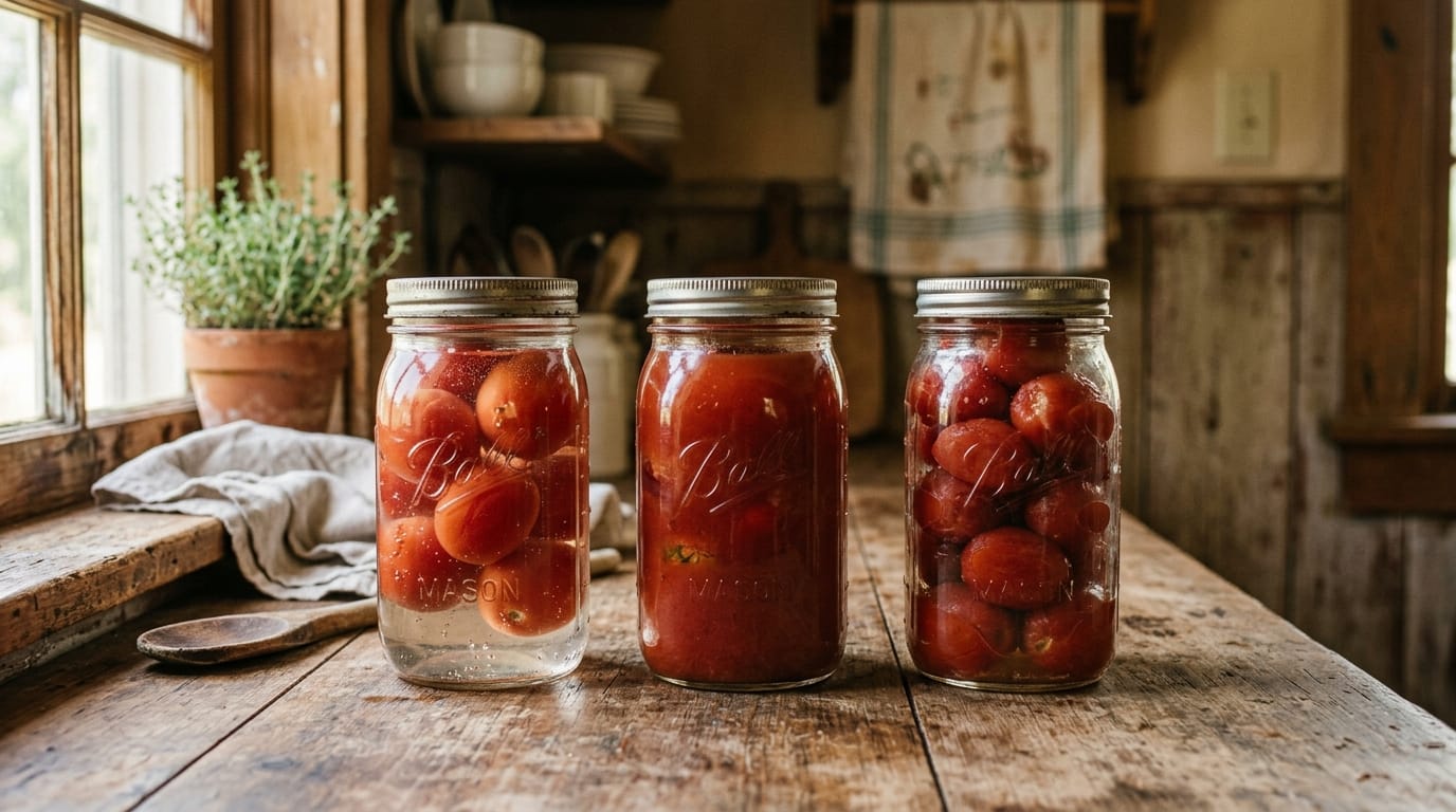 Three jars of home-canned whole tomatoes side by side on a wooden counter
how to can whole tomatoes