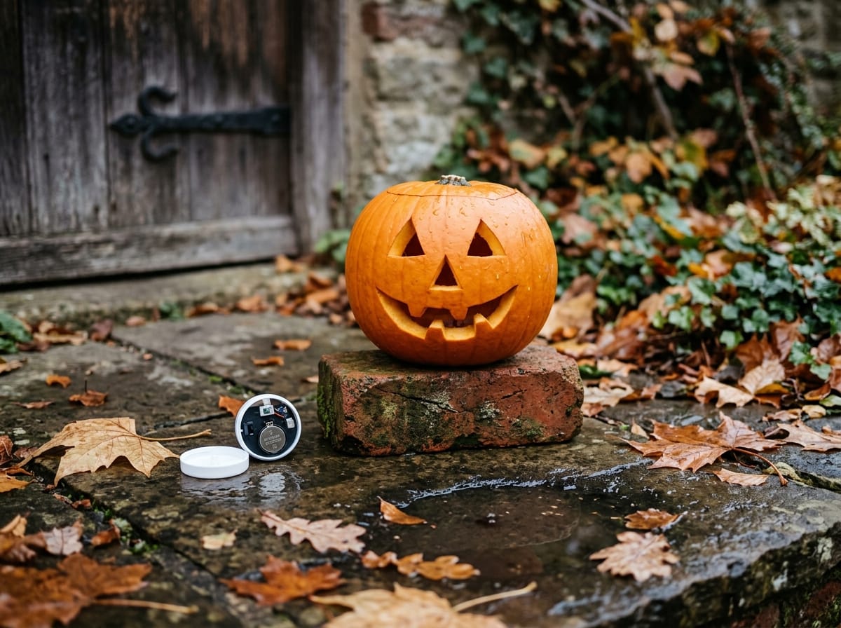 A carved pumpkin raised on a brick beside a battery tea light