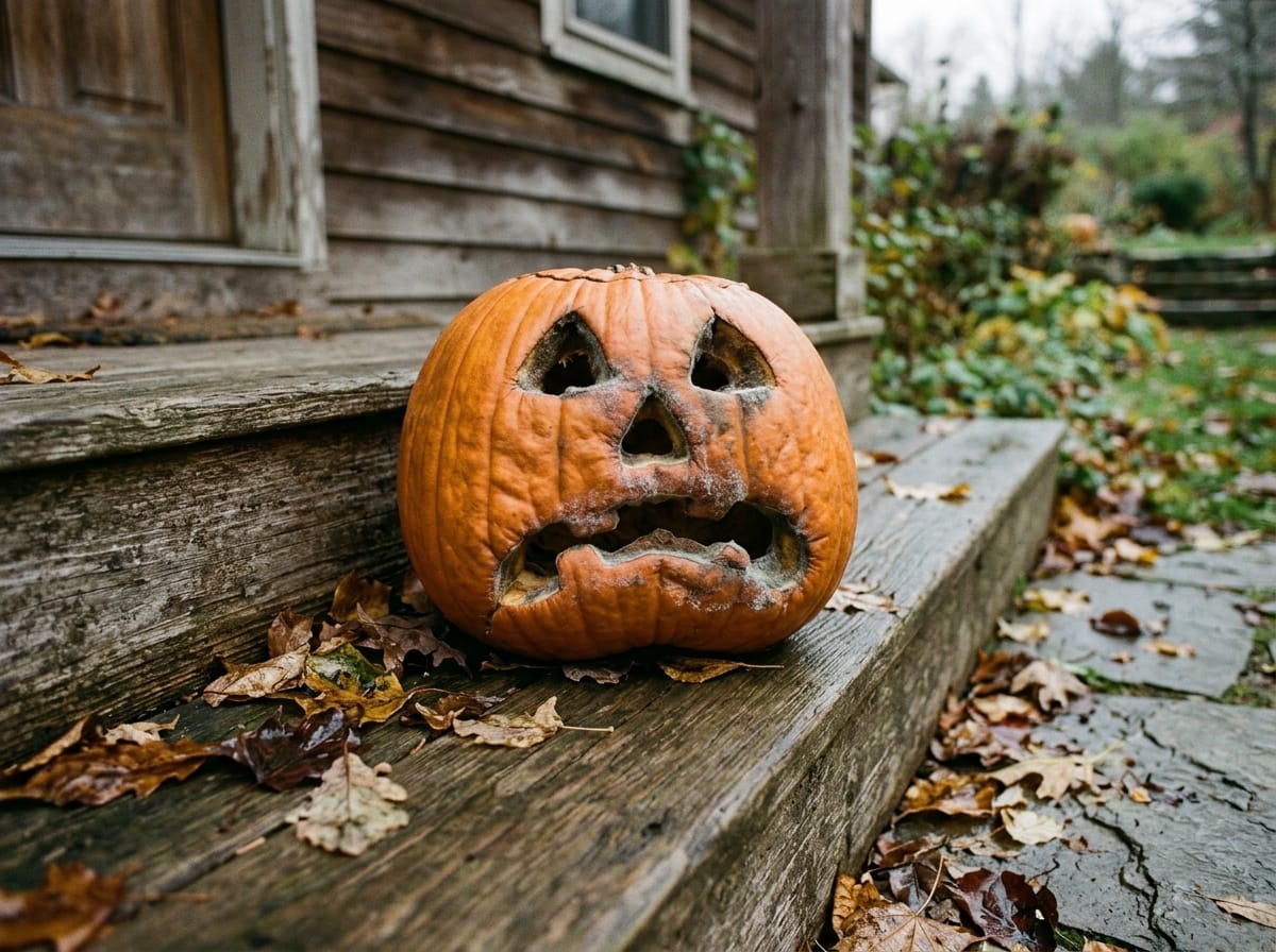 A carved pumpkin on a porch step beginning to soften and collapse