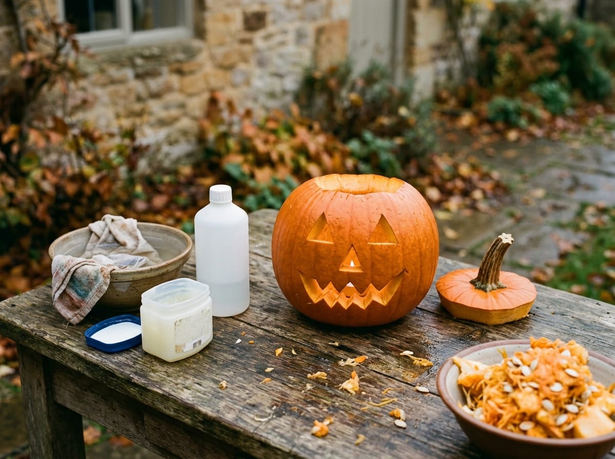 A jar of petroleum jelly and a bottle of bleach beside a freshly carved pumpkin