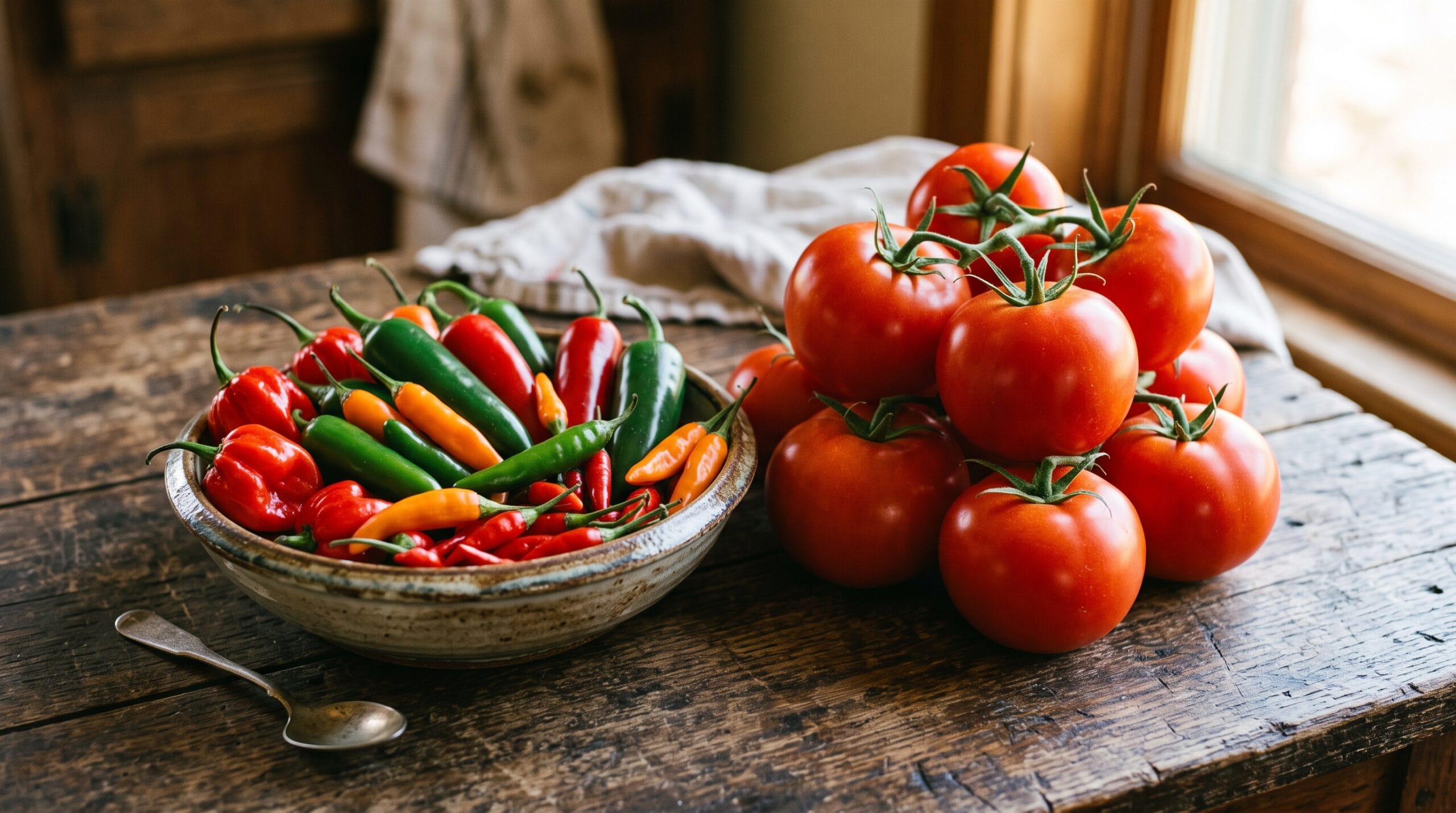 A bowl of mixed chile peppers next to a stack of ripe tomatoes on weathered wood