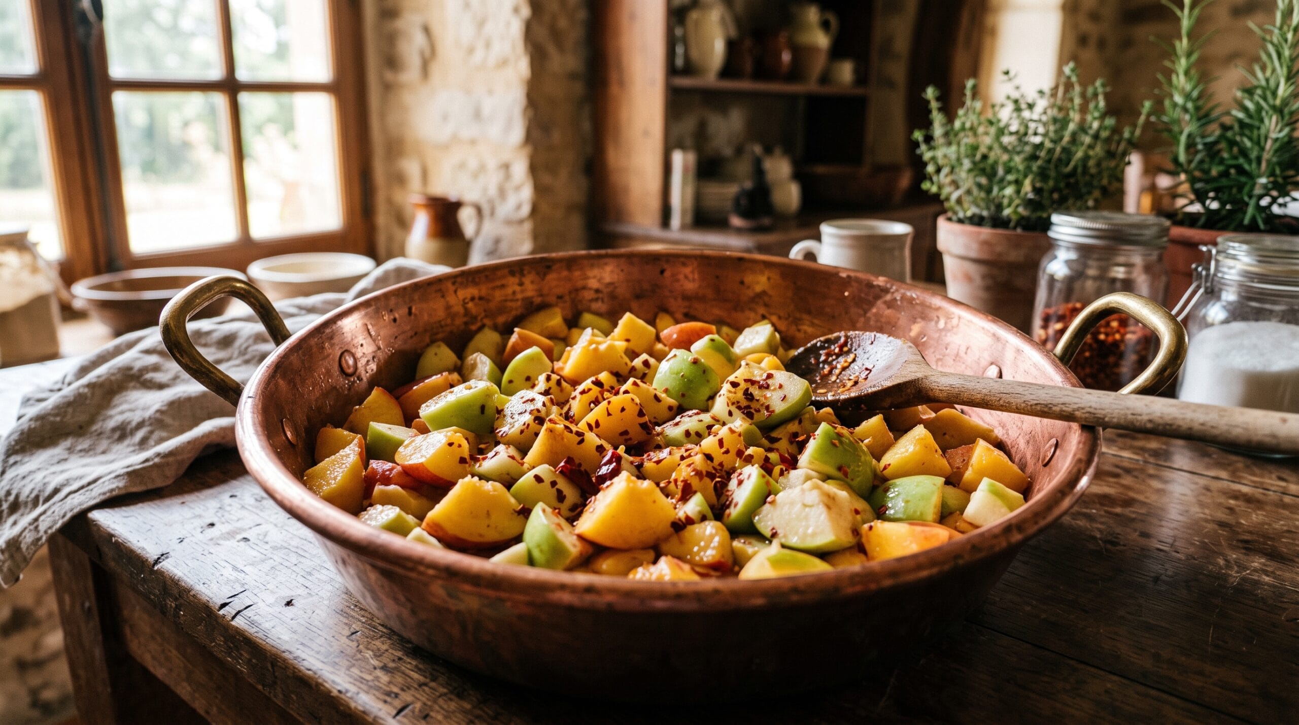 Chopped firm peaches and green apples with red pepper flakes in a preserving pan