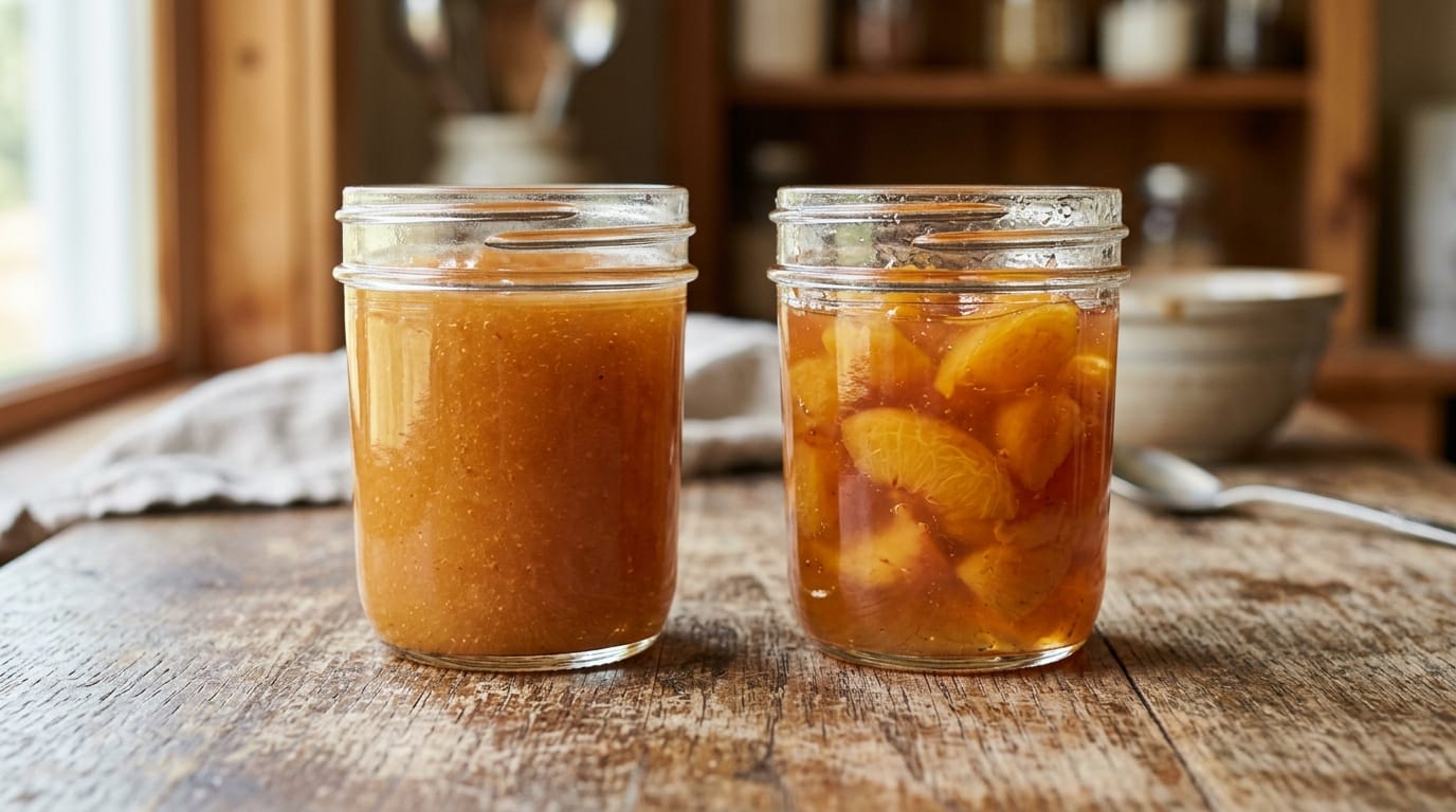 A jar of smooth peach jam beside a jar of chunky peach preserves