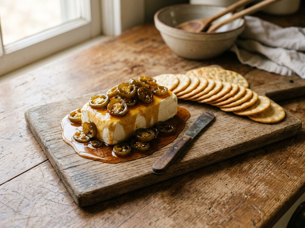 Cowboy candy spooned over a block of cream cheese with crackers alongside