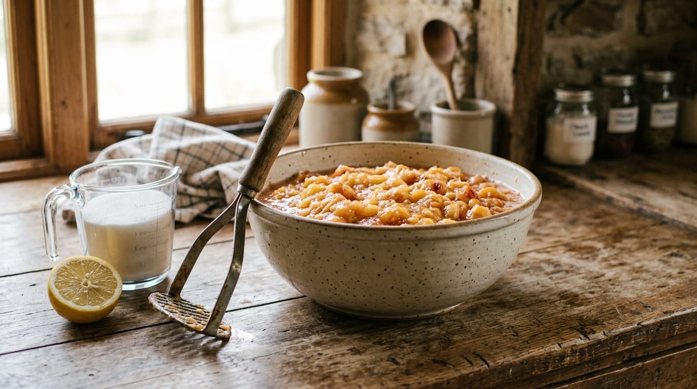 A bowl of crushed ripe peaches beside sugar and a halved lemon