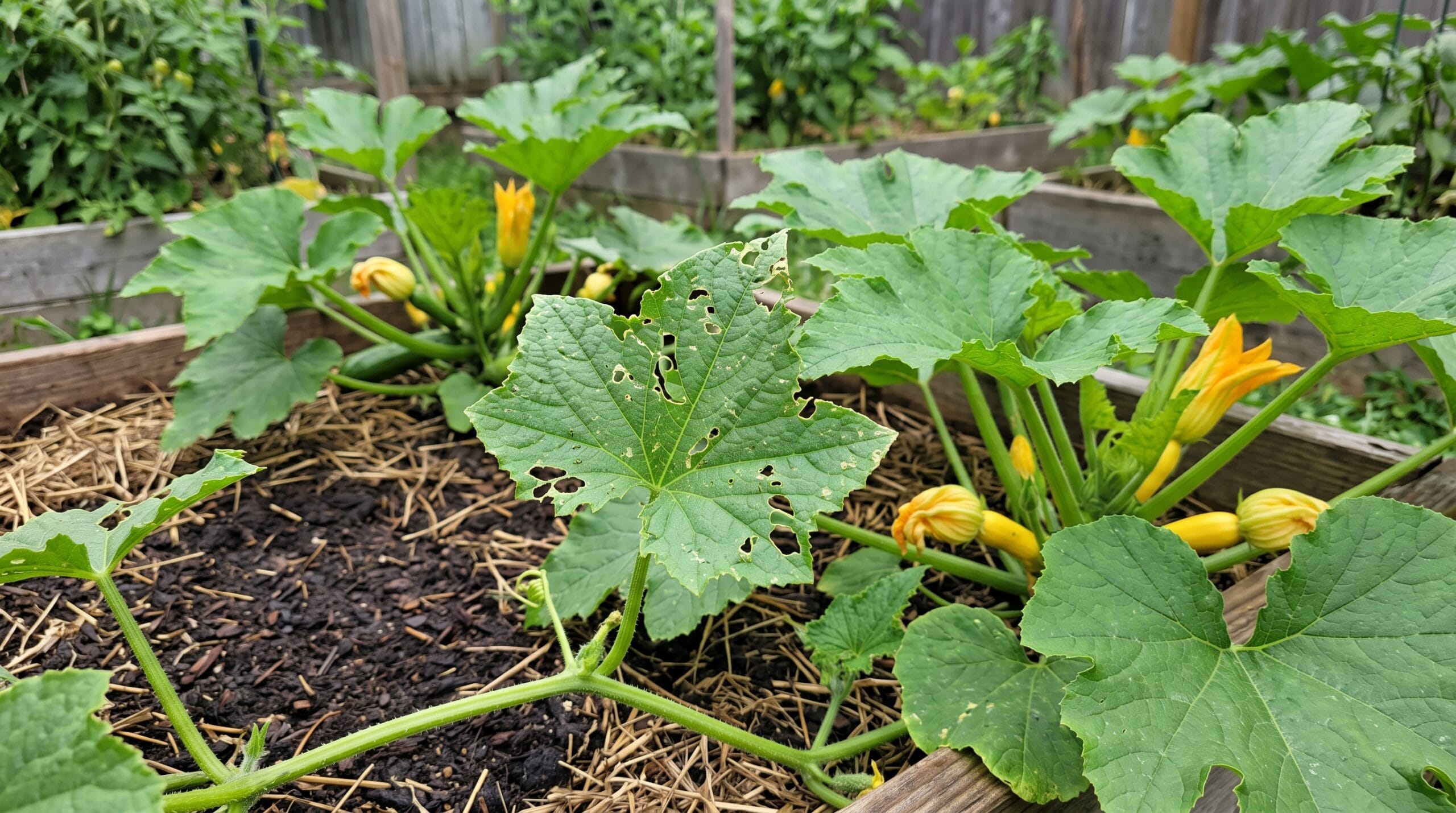 A cucumber leaf showing chewing damage next to squash plants in the same bed