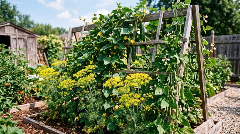 Cucumber vines climbing a trellis with beans and flowering dill growing alongside