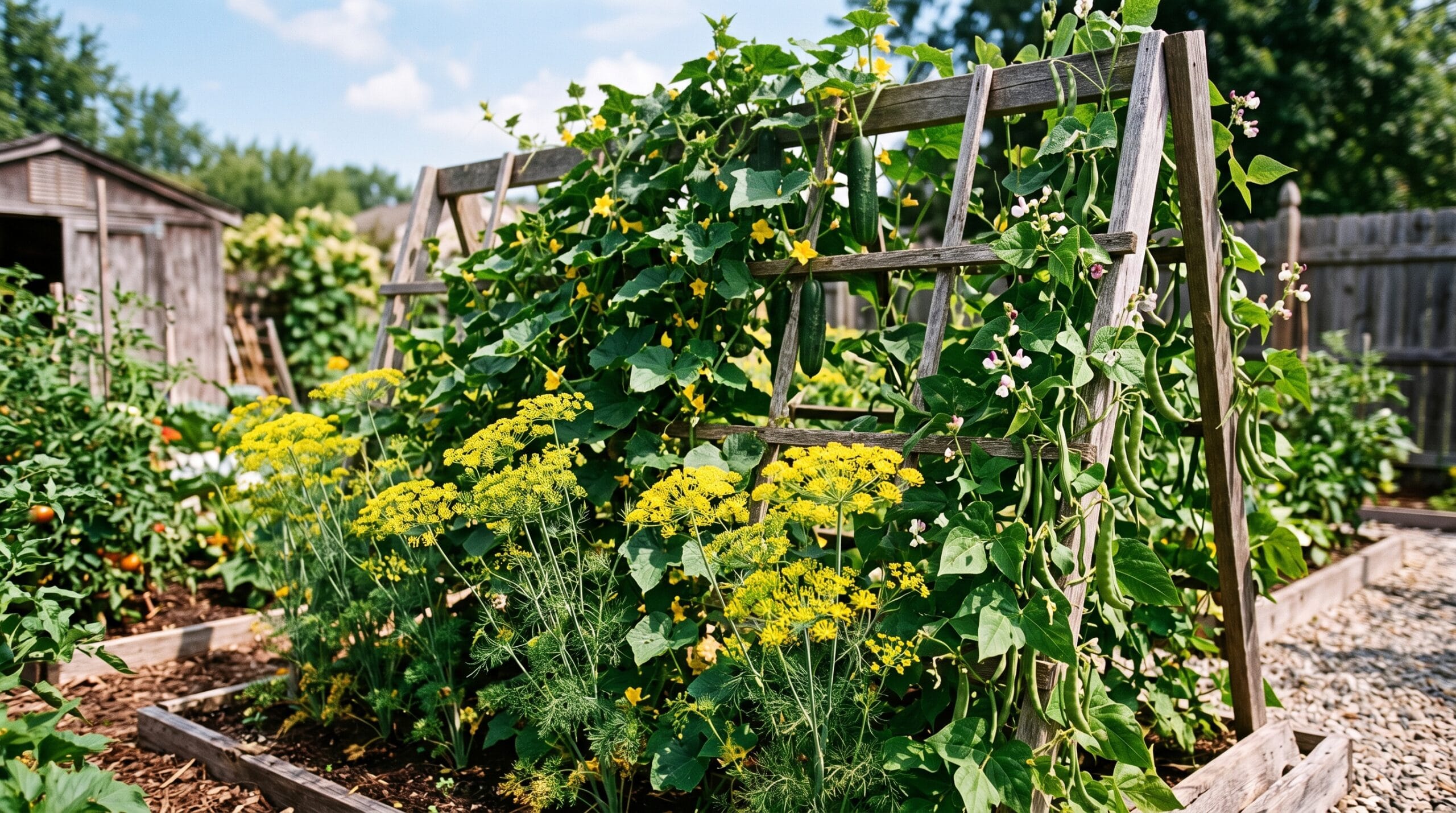 Cucumber vines climbing a trellis with beans and flowering dill growing alongside