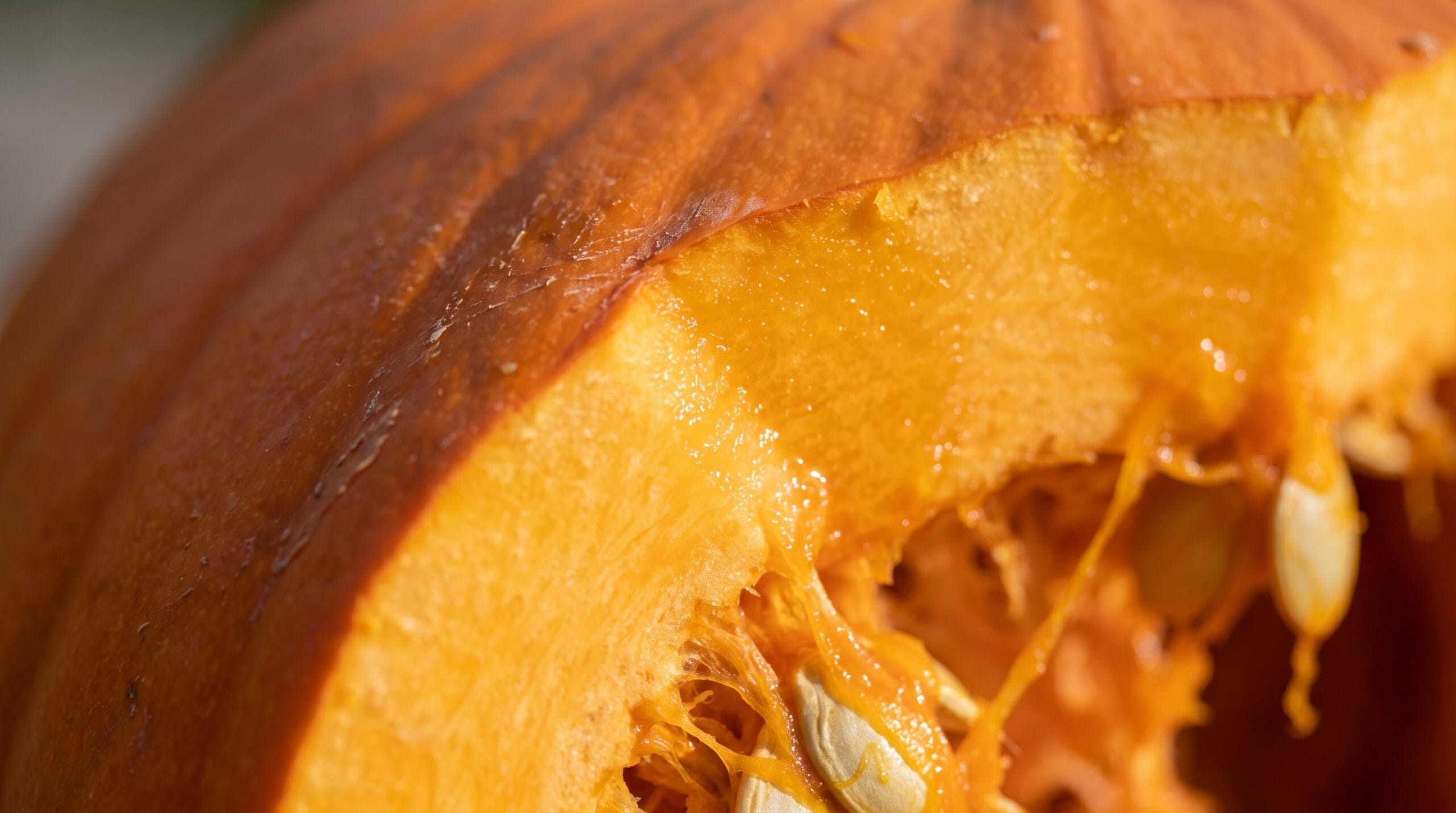 Close view of a cut pumpkin edge showing exposed wet orange flesh