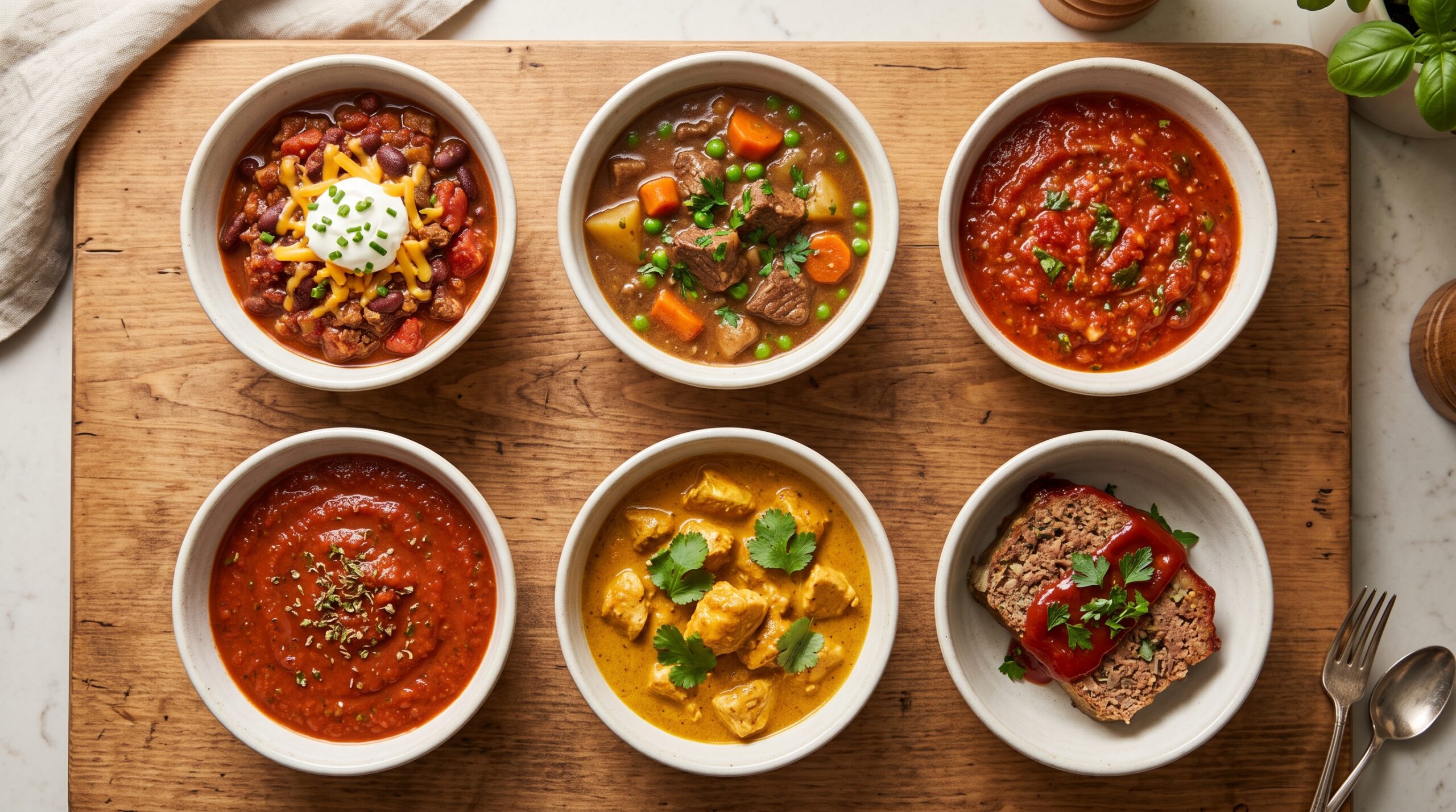Six finished dishes—chili, beef stew, pasta sauce, pizza sauce, curry, and meatloaf—arranged in a comparison grid.
