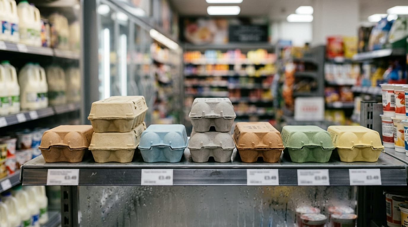 Several third-party welfare certification seals on egg carton lids
