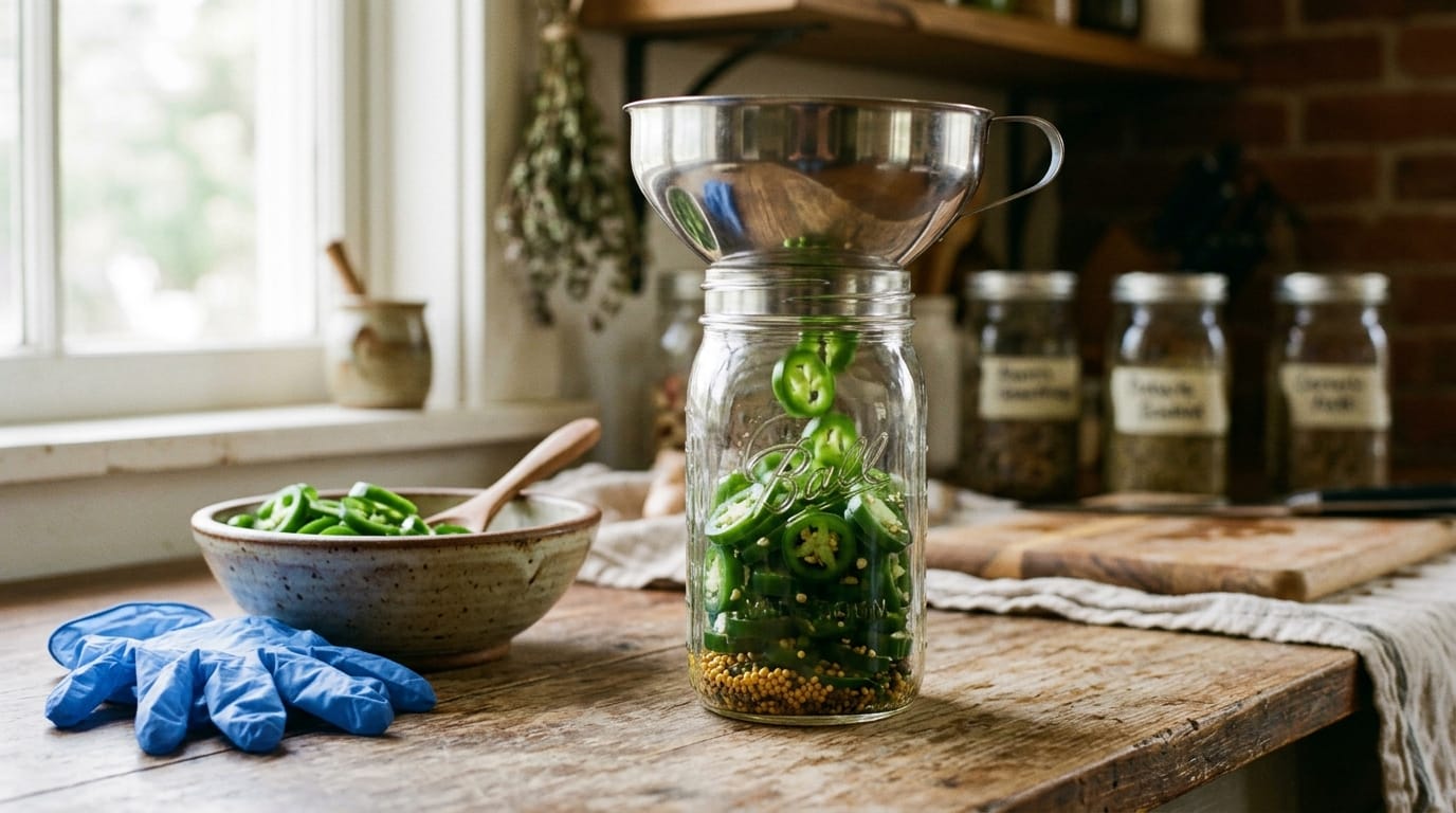 Jalapeno rings packed into pint jars with mustard and celery seed