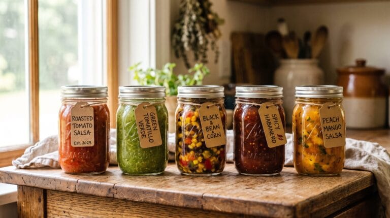 Five jars of different home-canned salsa lined up on a wooden counter