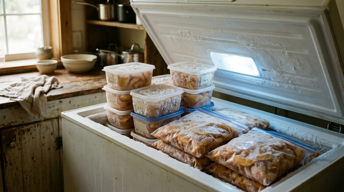 A whole unpeeled peach beside a bag of prepared slices