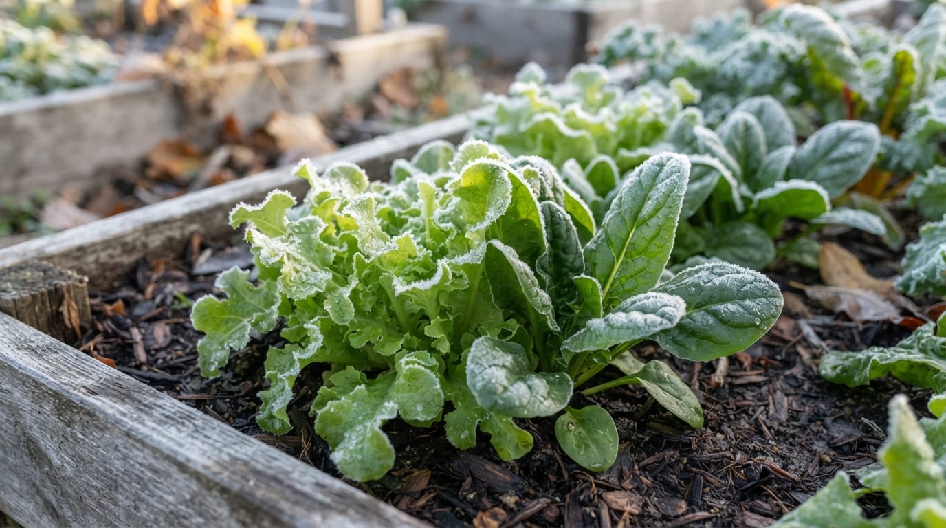 Frost-touched lettuce and spinach leaves in a cold garden bed