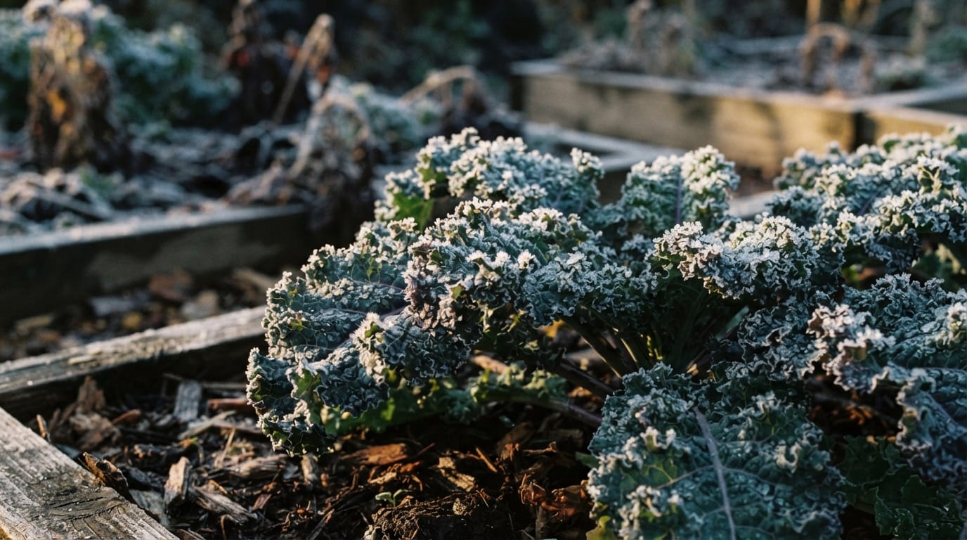 Kale leaves with frost crystals on them in early morning light
