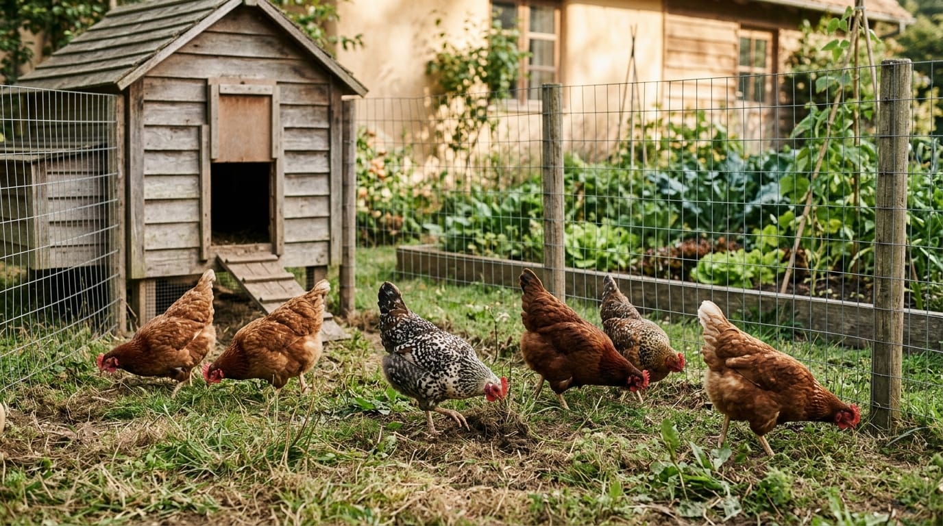 Hens foraging in tall grass in an open field with a mobile coop behind them