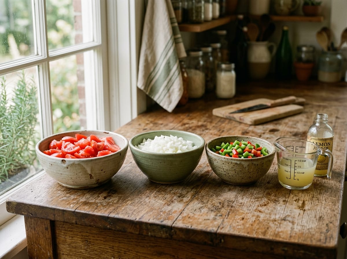 Chopped tomatoes, onions and peppers in separate bowls on a wooden work surface
canning salsa