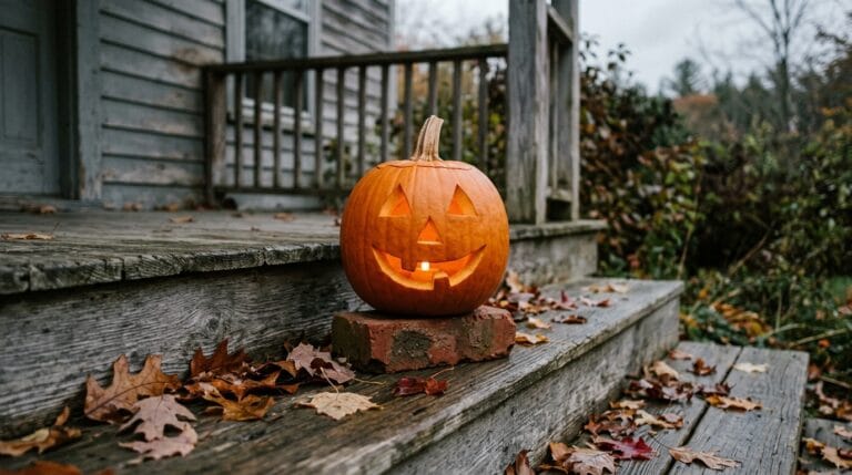 A freshly carved pumpkin lit by a battery light on a weathered porch step