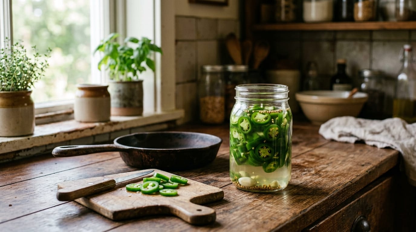 A jar of refrigerator pickled jalapeno rings on a kitchen counter