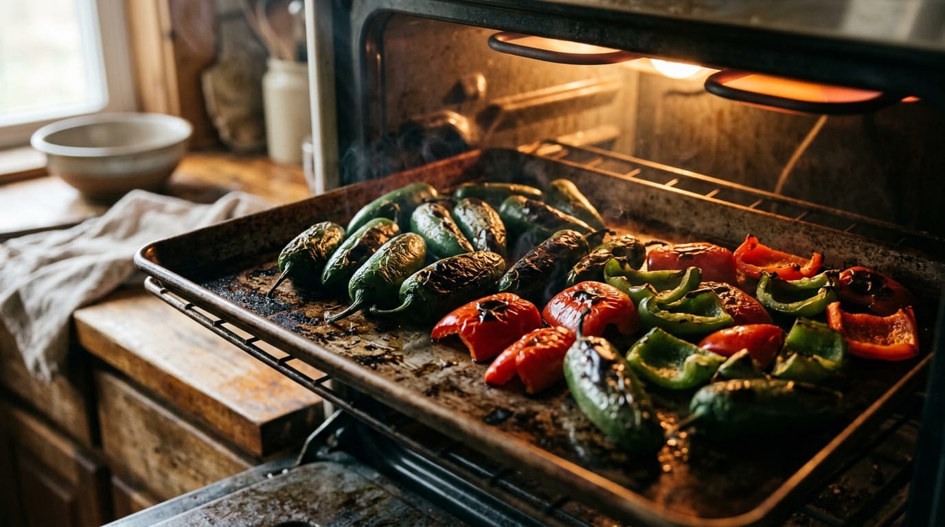Jalapenos blistering on a baking sheet under a broiler
