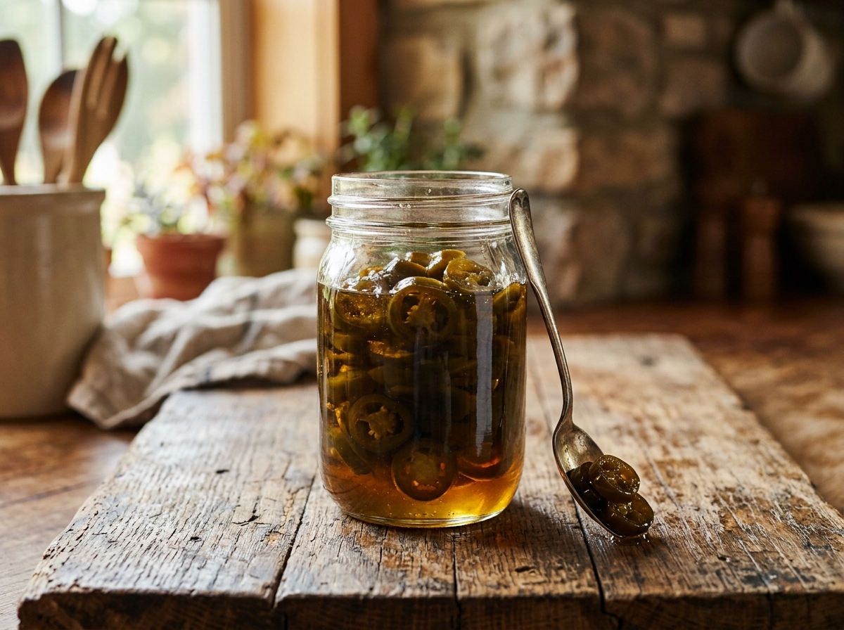 A cooled jar of cowboy candy with rings risen above the syrup line