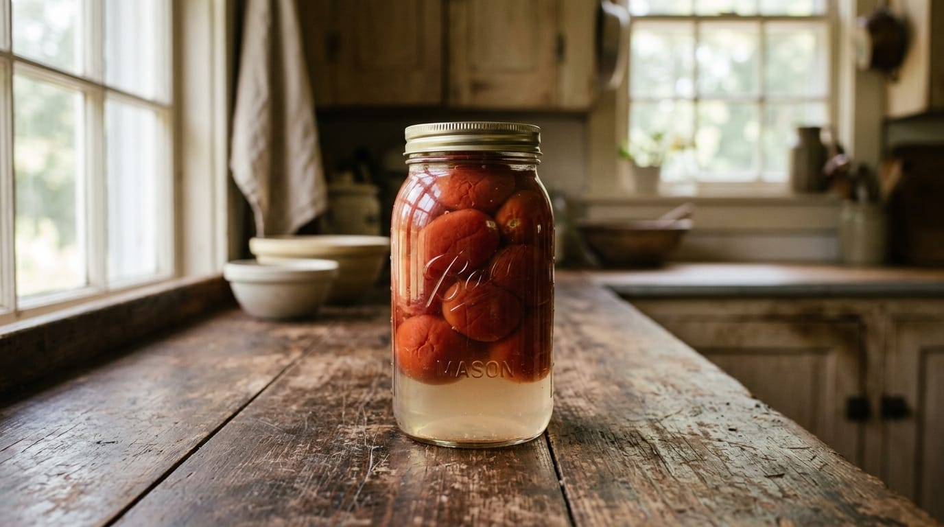 A cooled jar of canned tomatoes showing fruit floating above clear liquid