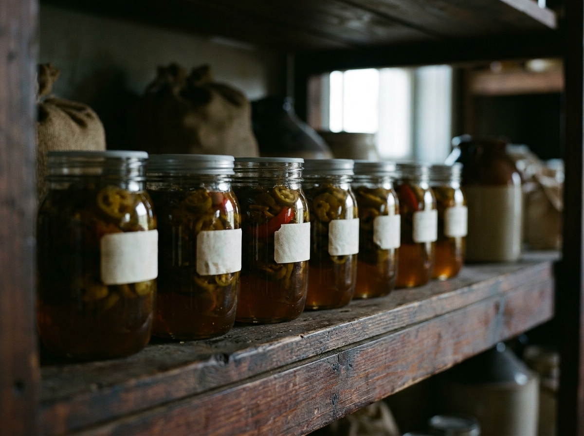 Dated jars of cowboy candy resting on a dim pantry shelf