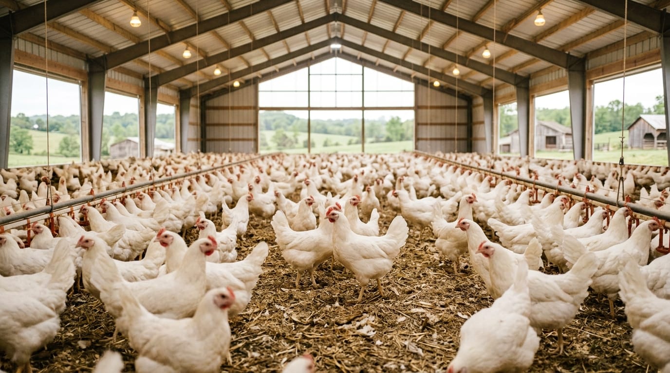 Hens standing at an open barn door looking out onto a small dirt yard
Free Range vs Pasture Raised