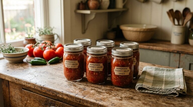 Six pint jars of freshly canned salsa cooling on a wooden kitchen counter